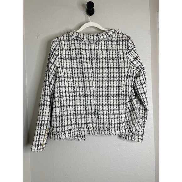 Chic Tweed Pearl Button Crop Jacket | Black White Plaid Bouclé Blazer S - Picture 5 of 9